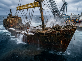 Уборка Rusty ship marked Atlantic Glory being salvaged beside a recovery vessel