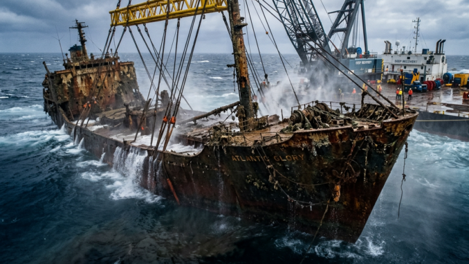Уборка Rusty ship marked Atlantic Glory being salvaged beside a recovery vessel
